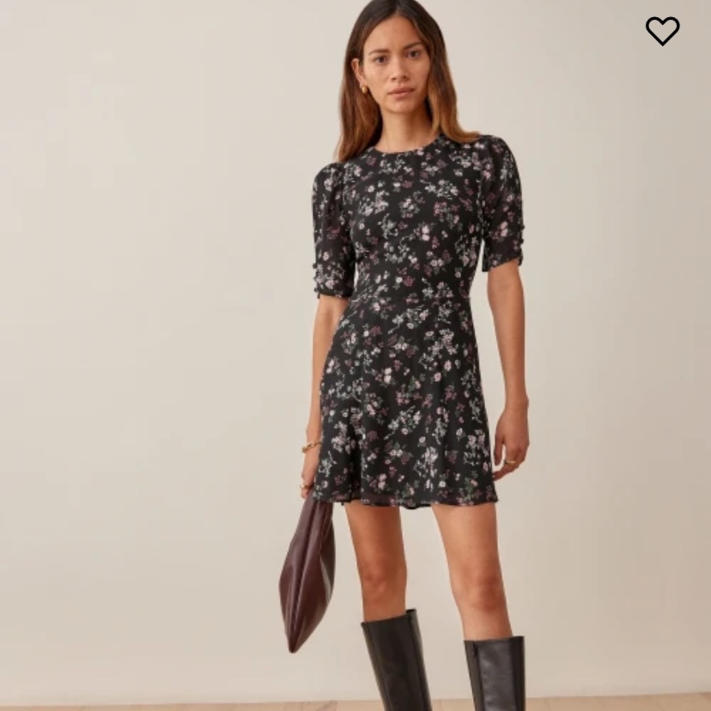 Black Floral Mini Dress with Puff Sleeves